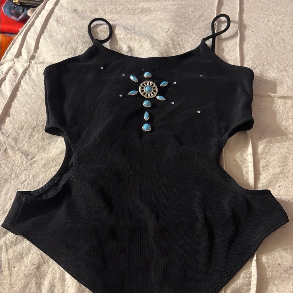 Black Sleeveless Bodysuit with Cut Out and Embellished Details